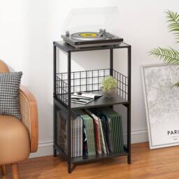 Huhote 3Tier Vinyl Record Player Stand Storage Side End Table Display Rack in Black - thumbnail 2