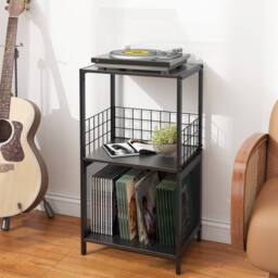 Huhote 3Tier Vinyl Record Player Stand Storage Side End Table Display Rack in Black - thumbnail 3
