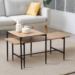 CALICOSY Set Of 2 Nesting Coffee Tables In Oak Finish With Black Metal Legs in Light Brown - Size: 2 Person - thumbnail 2