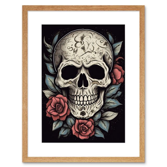 "Artery8 Wall Art Print Roses Skull Old School USA Tattoo Ink Body Art Rockabilly Americana 50s Artwork Framed 9X7 Inch in Beige - Size: W7"" x H9""" - image 1