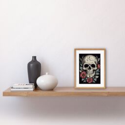 "Artery8 Wall Art Print Roses Skull Old School USA Tattoo Ink Body Art Rockabilly Americana 50s Artwork Framed 9X7 Inch in Beige - Size: W7"" x H9""" - thumbnail 2