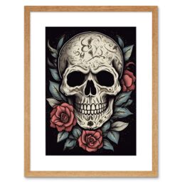 "Artery8 Wall Art Print Roses Skull Old School USA Tattoo Ink Body Art Rockabilly Americana 50s Artwork Framed 9X7 Inch in Beige - Size: W7"" x H9""" - thumbnail 1