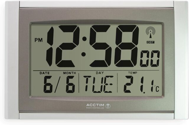Acctim Stratus Digital Wall / Desk Clock Radio Controlled Tabletop LCD Display Date & Thermometer in Silver - image 1