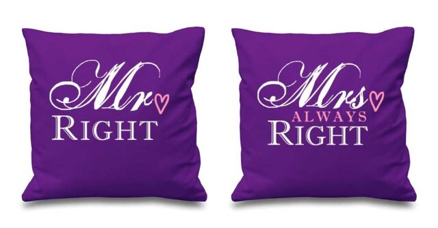 "60 SECOND MAKEOVER Mr Right Mrs Always Right Purple Cushion Covers 16"" x 16"" Couples Cushions Valentines Wedding Anniversary Bedroom Decora"