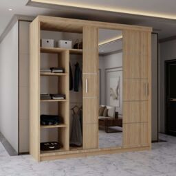 MN Furniture Wardrobe Modern Sliding Mirror Door - LED Light 203cm x 217cm in Light Oak - Size: 203 cm x 217 cm - thumbnail 3