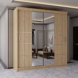 MN Furniture Wardrobe Modern Sliding Mirror Door - LED Light 203cm x 217cm in Light Oak - Size: 203 cm x 217 cm - thumbnail 1