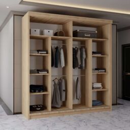 MN Furniture Wardrobe Modern Sliding Mirror Door - LED Light 203cm x 217cm in Light Oak - Size: 203 cm x 217 cm - thumbnail 4