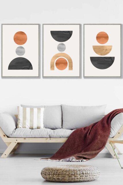 ARTZE Set of 3 Light Grey Framed Mid Century Graphical Shapes in Black, Grey, Orange Wall Art - Size: W33 cm x H45 cm x D20mm - image 1
