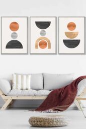 ARTZE Set of 3 Light Grey Framed Mid Century Graphical Shapes in Black, Grey, Orange Wall Art - Size: W33 cm x H45 cm x D20mm - thumbnail 1
