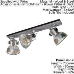 Loops Adjustable 3 Bulb Ceiling Spotlight Wood & Raw Industrial Steel Shade 40W E27 in Metallics - thumbnail 2