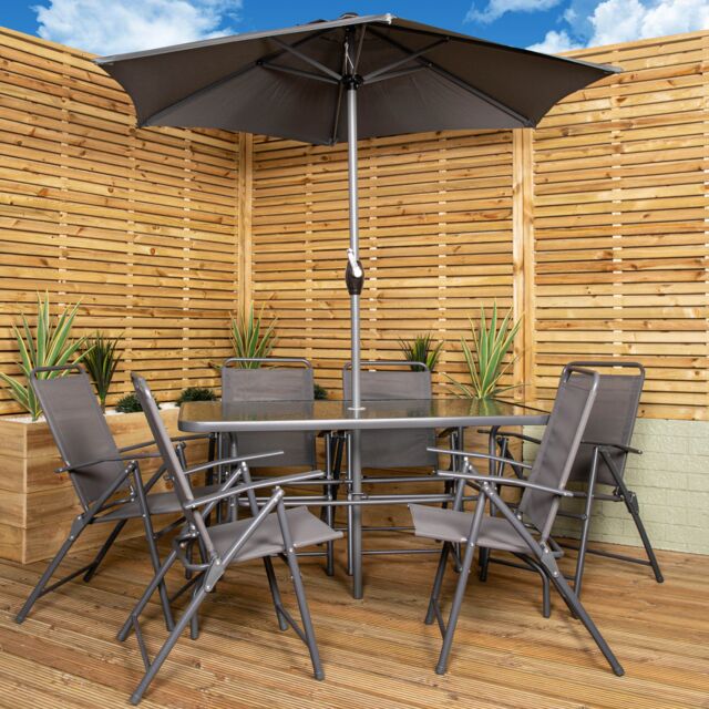 Samuel Alexander Outdoor 6 Seater Glass Top Table & Chairs Patio Set with Parasol in Grey - image 1