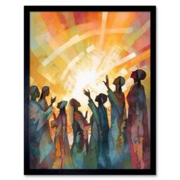"Artery8 Wall Art Print Group Singing Hymns at Sunrise Abstract Female Gospel Choir Modern Watercolour Painting Art Framed in Black - Size: W12"" x H16""" - thumbnail 1