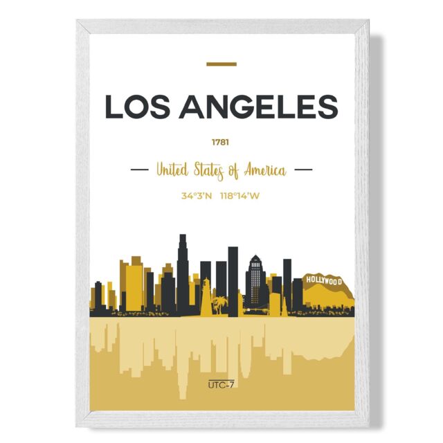 ARTZE Los Angeles Yellow & Black City Skyline Framed Print SIZE: A3 with White Frame - Size: A4 - image 1