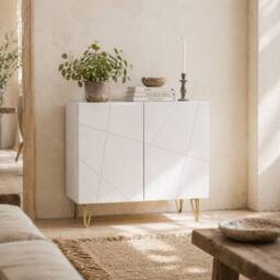 Wyld Haus Diro High Gloss White Sideboard Geometric Pattern Gold Hairpin Legs - thumbnail 1
