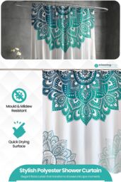Neel Blue Mandala Flower Bathroom Shower Curtain, Polyester Fabric Water Resistant in Green - Size: 180 cm width x 180 cm drop - thumbnail 3