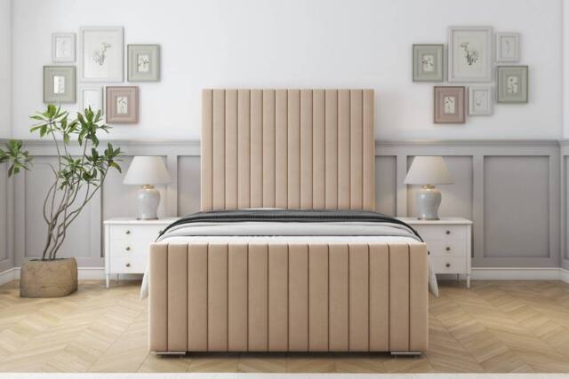 "Sloomy Madison Plush Bed Frame With 50"" Upholstered Headboard in Stone - Size: Double" - image 1