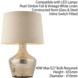 Loops Modern Table Lamp Hammered Pearl Ombre & White Linen Shade Feature Bedside Light - thumbnail 2