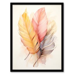 Artery8 Wall Art Print Bohemian Leaf Feather Abstract Watercolour Orange Pink Framed Art - Size: A4 - thumbnail 1