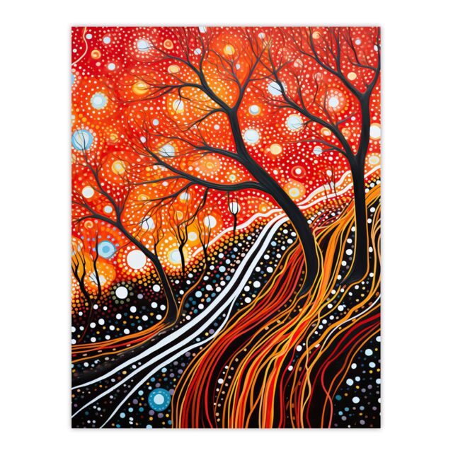 Artery8 Modern Vibrant Striking Aboriginal Style Artwork Painting Reds Orange Trees & Roots Stars & Sky Unframed Wall Art Print Poster Home Decor - image 1