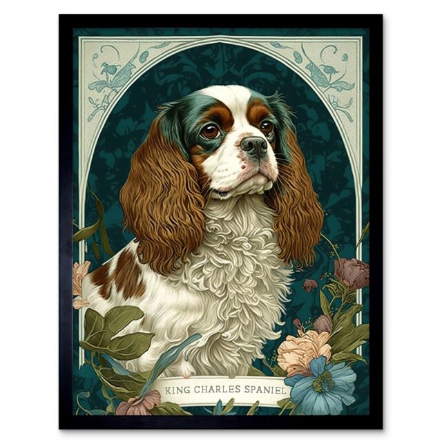 "Artery8 Wall Art Print King Charles Spaniel Dog with Flower Blooms Modern Art Nouveau Art Framed in Black - Size: W12"" x H16""" - image 1