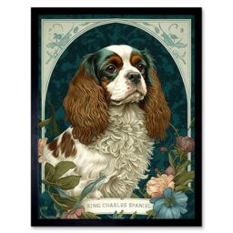 "Artery8 Wall Art Print King Charles Spaniel Dog with Flower Blooms Modern Art Nouveau Art Framed in Black - Size: W12"" x H16""" - thumbnail 1