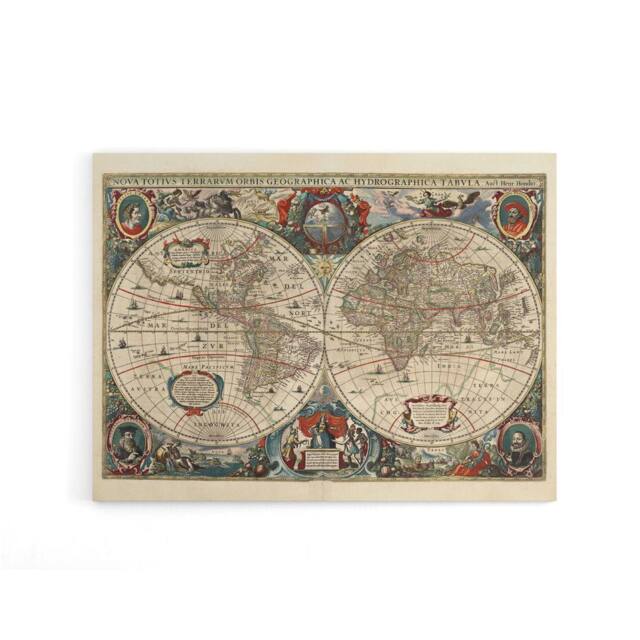 "Artery8 Hondius Pictorial Map 1641 World Hemispheres Canvas Wall Art Print in Beige - Size: W18"" x H24""" - image 1