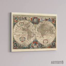 "Artery8 Hondius Pictorial Map 1641 World Hemispheres Canvas Wall Art Print in Beige - Size: W18"" x H24""" - thumbnail 2