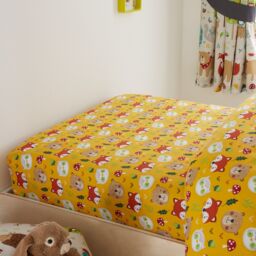 Happy Linen Company Kids Woodland Friends Animals Fitted Sheet in Mustard - Size: Double Fitted - thumbnail 2