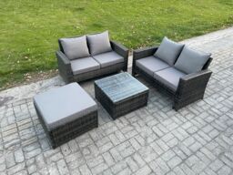 Fimous Rattan Garden Furniture Set 4 piece Patio Rattan Furniture Sofa Weaving Wicker includes 2 Double Seat Sofa, Coffee Table & Big Footstool - thumbnail 2