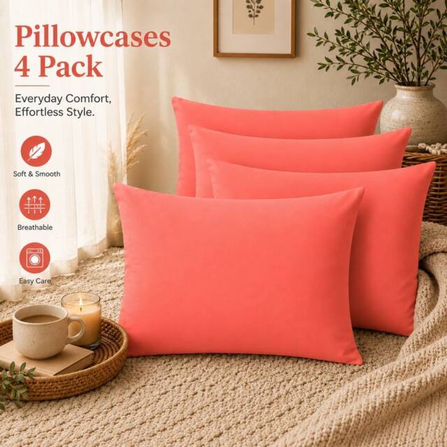 Pamposh 300 Thread Count Cotton Sateen Pillow Cases Set of 4 in Coral - Size: Standard Pillow Case - image 1