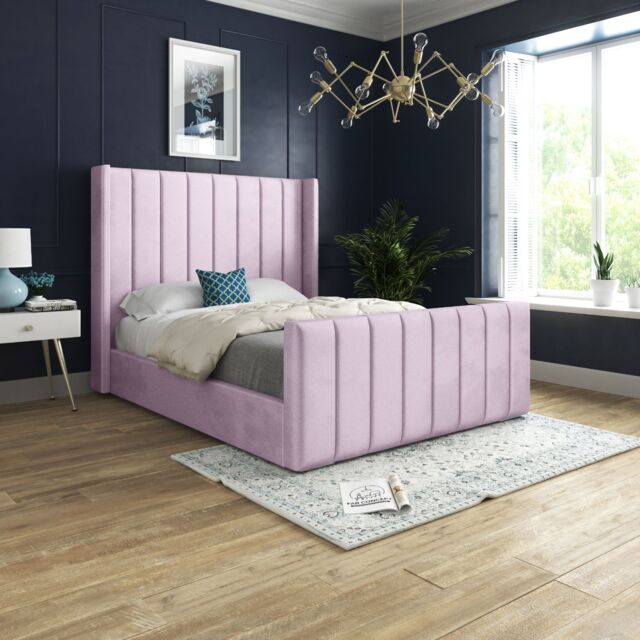 Casani Romano Straight Winged Upholstered Soft Velvet Bed Frame in Pink - Size: Double - image 1