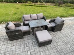 Fimous 8 Seater Rattan Wicker Garden Furniture Patio Conservatory Sofa Set with Rectangular Dining Table Reclining Chair in Dark Grey - thumbnail 2