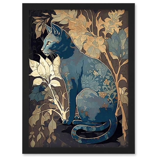 Artery8 Russian Blue Cat with Autumn Plants & Floral Pattern Fur Coat Modern Silkscreen Illustration Artwork Framed Wall Art Print A4 in Black - image 1