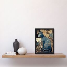 Artery8 Russian Blue Cat with Autumn Plants & Floral Pattern Fur Coat Modern Silkscreen Illustration Artwork Framed Wall Art Print A4 in Black - thumbnail 2