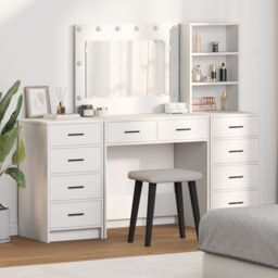 Berkfield Home 3-Piece Dressing Table Set with LED - White Engineered Wood - thumbnail 1