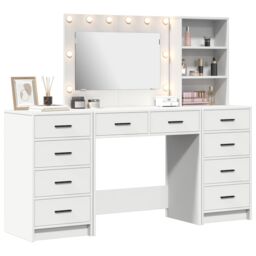 Berkfield Home 3-Piece Dressing Table Set with LED - White Engineered Wood - thumbnail 3