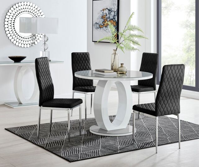 FurnitureboxUK Giovani Round 4 Seat 100cm White High Gloss Halo Base Grey Glass Top Dining Table 4 Soft Velvet Silver Leg Milan Chairs in Black - image 1