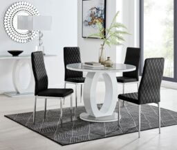 FurnitureboxUK Giovani Round 4 Seat 100cm White High Gloss Halo Base Grey Glass Top Dining Table 4 Soft Velvet Silver Leg Milan Chairs in Black - thumbnail 1