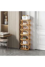 H&O Direct 7-Tier Light Brown Bamboo Folding Shoe Rack in Light Bronze