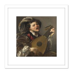 Artery8 Brugghen Man Playing Lute Painting 8X8 Inch Square Wooden Framed Wall Art Print Picture with Mount in White - thumbnail 1