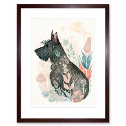 "Artery8 Wall Art Print Scottish Terrier Dog in Flower Field Bright Modern Multicoloured Watercolour Artwork Framed 9X7 Inch in Brown - Size: W7"" x H9""" - thumbnail 1