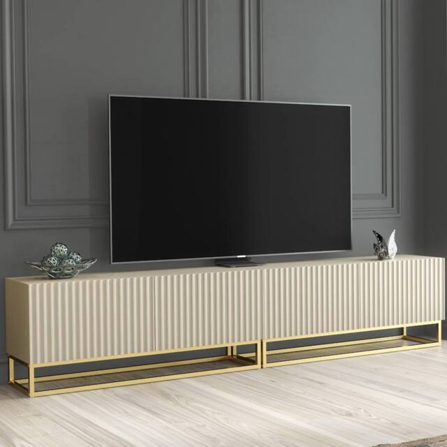 Mex Furniture LTD TV Unit Ripple Duo 200cm - Cashmere Warm Beige Taupe Finish with Gold - image 1