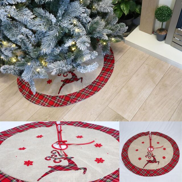 Shatchi Christmas Tree Skirt Snowflakes Printed Pattern Burlap Hessian Linen Cover Floor Mat, 4pcs in Brown - image 1