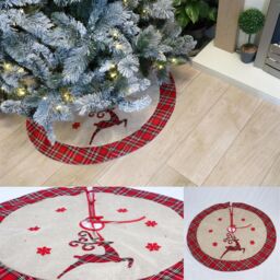 Shatchi Christmas Tree Skirt Snowflakes Printed Pattern Burlap Hessian Linen Cover Floor Mat, 4pcs in Brown