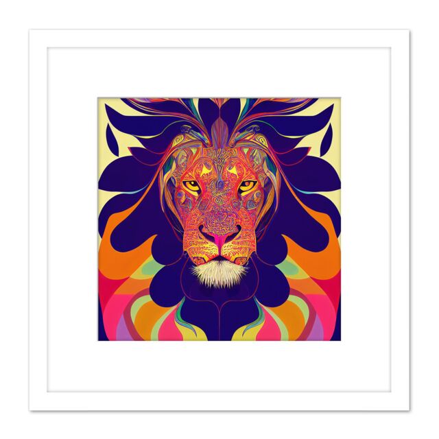 Artery8 Bright Colourful Multicoloured New Age Folk Style Lion Portrait Illustration Square Wooden Framed Wall Art Print Picture 8X8 Inch in White - image 1