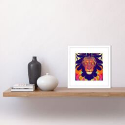 Artery8 Bright Colourful Multicoloured New Age Folk Style Lion Portrait Illustration Square Wooden Framed Wall Art Print Picture 8X8 Inch in White - thumbnail 2