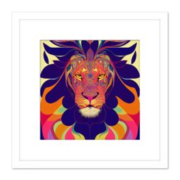 Artery8 Bright Colourful Multicoloured New Age Folk Style Lion Portrait Illustration Square Wooden Framed Wall Art Print Picture 8X8 Inch in White - thumbnail 1