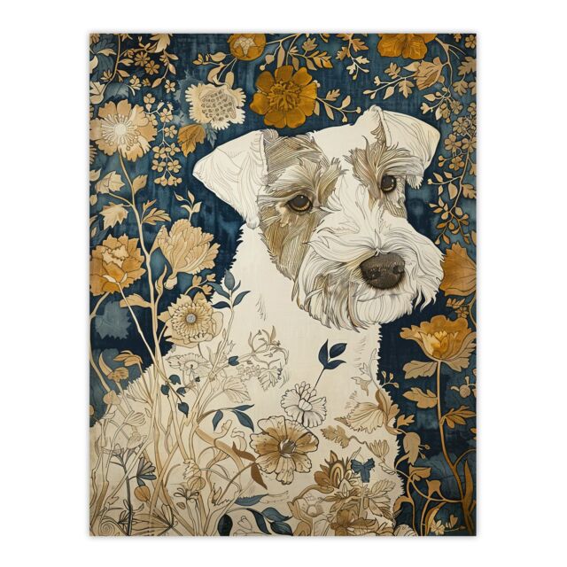 "Artery8 Dog Wildflowers Painting Blue Ochre Animal Lover Wall Art Print in Green - Size: W24"" x H32""" - image 1