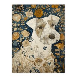 "Artery8 Dog Wildflowers Painting Blue Ochre Animal Lover Wall Art Print in Green - Size: W24"" x H32""" - thumbnail 1