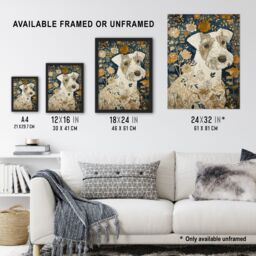 "Artery8 Dog Wildflowers Painting Blue Ochre Animal Lover Wall Art Print in Green - Size: W24"" x H32""" - thumbnail 3
